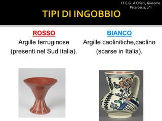 ROSSO
Argille ferruginose
(presenti nel Sud Italia).
BIANCO
Argille caolinitiche,caolino
(scarse in Italia).
I.T.C.G. A.Oriani, Giacomo
Petaroscia, 2^I
 