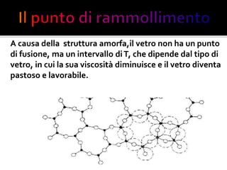 A causa della struttura amorfa,il vetro non ha un punto
di fusione, ma un intervallo diT, che dipende dal tipo di
vetro, in cui la sua viscosità diminuisce e il vetro diventa
pastoso e lavorabile.
 