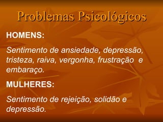 Problemas Psicológicos
 .
HOMENS:
Sentimento de ansiedade, depressão,
tristeza, raiva, vergonha, frustração e
embaraço.
MULHERES:
Sentimento de rejeição, solidão e
depressão.
 