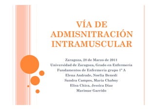 VÍA DE
ADMISNITRACIÓN
INTRAMUSCULAR
       Zaragoza, 28 de Marzo de 2011
Universidad de Zaragoza, Grado en Enfermería
   Fundamentos de Enfermería grupo 1º A
        Elena Andrade, Noelia Benedí
       Sandra Campos, María Chaboy
          Elisa Chica, Jessica Díaz
             Marimar Garrido
 