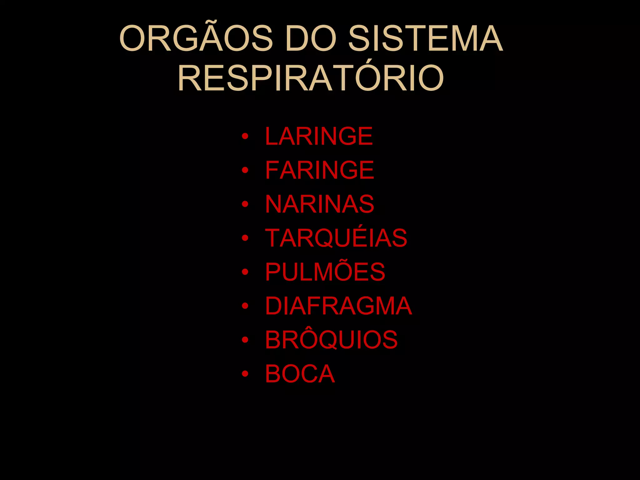ORGÃOS DO SISTEMA RESPIRATÓRIO LARINGE  FARINGE NARINAS TARQUÉIAS PULMÕES DIAFRAGMA BRÔQUIOS BOCA 