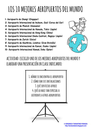 ¿Alguna vez...
1. ... has perdido un vuelo? ¿Qué pasó?
2. ... has tenido que pasar la noche en el aeropuerto?
3. ... te ha pitado el detector de metales en el aeropuerto? ¿Por qué?
4. ... has tenido que pagar po
5. ... has viajado en primera clase habiendo pagado un billete de turista?
6. ... tu avión ha salido o ha llegado con mucho retraso? ¿Qué pasó?
7. ... te han perdido la maleta viajando en avión? ¿Qué hiciste?
8. ... has cogido la maleta equivocada en la cinta de recogida de equipaje
9. ... has tenido que abrir tu maleta debido a un control de seguridad?
10. ... has sufrido un aterrizaje de emergencia
11. ... has tomado un vuelo transatlántico? ¿Adónde?
12. ... has discutido con algún miembro de la tripulación? ¿Por qué?
13. ... se ha sentado en el asiento de a
patadas a tu asiento, gritar o portarse mal?
14.... se ha sentado en el asiento de al lado
tema de conversación?
15. ... te has encontrado con
16. ... has tomado un avión estando enfermo/a? ¿Por qué
¿Qué es lo que más
y menos te gusta de
viajar en avión?
guna vez...
has perdido un vuelo? ¿Qué pasó?
... has tenido que pasar la noche en el aeropuerto? ¿Por qué?
te ha pitado el detector de metales en el aeropuerto? ¿Por qué?
... has tenido que pagar por exceso de equipaje o sobrepeso?
... has viajado en primera clase habiendo pagado un billete de turista?
... tu avión ha salido o ha llegado con mucho retraso? ¿Qué pasó?
... te han perdido la maleta viajando en avión? ¿Qué hiciste?
la maleta equivocada en la cinta de recogida de equipaje
... has tenido que abrir tu maleta debido a un control de seguridad?
has sufrido un aterrizaje de emergencia viajando en a
... has tomado un vuelo transatlántico? ¿Adónde?
algún miembro de la tripulación? ¿Por qué?
en el asiento de atrás un niño que no paraba de dar
patadas a tu asiento, gritar o portarse mal?
en el asiento de al lado un desconocido que te ha dado
te has encontrado con alguien famoso en un aeropuerto?
... has tomado un avión estando enfermo/a? ¿Por qué?
¿Qué es lo que más
te gusta de
viajar en avión?
© VERONICA TARANTINO PARADA
http://laclasedeele.blogspot.com
¿Por qué?
te ha pitado el detector de metales en el aeropuerto? ¿Por qué?
r exceso de equipaje o sobrepeso?
... has viajado en primera clase habiendo pagado un billete de turista?
... tu avión ha salido o ha llegado con mucho retraso? ¿Qué pasó?
... te han perdido la maleta viajando en avión? ¿Qué hiciste?
la maleta equivocada en la cinta de recogida de equipajes?
... has tenido que abrir tu maleta debido a un control de seguridad?
viajando en avión?
algún miembro de la tripulación? ¿Por qué?
un niño que no paraba de dar
un desconocido que te ha dado
aeropuerto? ¿Qué hiciste?
 