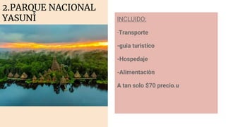 2.PARQUE NACIONAL
YASUNÌ INCLUIDO:
-Transporte
-guia turistico
-Hospedaje
-Alimentaciòn
A tan solo $70 precio.u
 