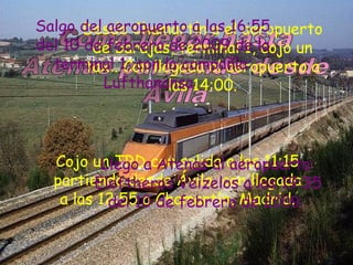 Cojo un TRD con salida a las 11:15 partiendo desde Ávila, con llegada a las 12:55 a Chamartín, Madrid. Desde Chamartín a el aeropuerto de barajas, terminal 1, cojo un taxi. Con llegada al aeropuerto a las 14:00. Salgo del aeropuerto a las 16:55 del 10 de febrero de 2009 de la terminal 1, con la compañía: Lufthanansa .  Llego a Atenas al aeropuerto: Eleftheros Veizelos a las 19:35 del 10 de febrero de 2 009.   