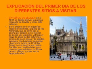 EXPLICACIÓN DEL PRIMER DIA DE LOS DIFERENTES SITIOS A VISITAR. CATEDRAL DE SEVILLA:  en el 1041 se decido derivar la antigua mezquita de Sevilla, y creer esta catedral. En el exterior con un magnifico juego de columnas. El patio de los Naranjos, que se entra por la puerta del perdón, en el interior, se puede ver la piedra, vidrieras y rejas, la altura de las columnas, templo de cinco naves y la capillas laterales, con bóvedas, se puede observar la tumba de Cristobal Colon y en el interior sus restos. Capillas: con espléndidas rejas, con una gran sacristía, en forma de cruz griega, y poder ver la fabulosas artes. 