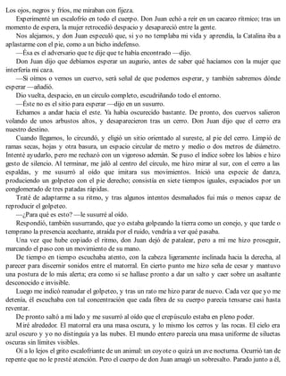 Los ojos, negros y fríos, me miraban con fijeza.
Experimenté un escalofrío en todo el cuerpo. Don Juan echó a reír en un cacareo rítmico; tras un
momento de espera, la mujer retrocedió despacio y desapareció entre la gente.
Nos alejamos, y don Juan especuló que, si yo no templaba mi vida y aprendía, la Catalina iba a
aplastarme con el pie, como a un bicho indefenso.
—Ésa es el adversario que te dije que te había encontrado —dijo.
Don Juan dijo que debíamos esperar un augurio, antes de saber qué hacíamos con la mujer que
interfería mi caza.
—Si oímos o vemos un cuervo, será señal de que podemos esperar, y también sabremos dónde
esperar —añadió.
Dio vuelta, despacio, en un círculo completo, escudriñando todo el entorno.
—Éste no es el sitio para esperar —dijo en un susurro.
Echamos a andar hacia el este. Ya había oscurecido bastante. De pronto, dos cuervos salieron
volando de unos arbustos altos, y desaparecieron tras un cerro. Don Juan dijo que el cerro era
nuestro destino.
Cuando llegamos, lo circundó, y eligió un sitio orientado al sureste, al pie del cerro. Limpió de
ramas secas, hojas y otra basura, un espacio circular de metro y medio o dos metros de diámetro.
Intenté ayudarlo, pero me rechazó con un vigoroso ademán. Se puso el índice sobre los labios e hizo
gesto de silencio. Al terminar, me jaló al centro del círculo, me hizo mirar al sur, con el cerro a las
espaldas, y me susurró al oído que imitara sus movimientos. Inició una especie de danza,
produciendo un golpeteo con el pie derecho; consistía en siete tiempos iguales, espaciados por un
conglomerado de tres patadas rápidas.
Traté de adaptarme a su ritmo, y tras algunos intentos desmañados fui más o menos capaz de
reproducir el golpeteo.
—¿Para qué es esto? —le susurré al oído.
Respondió, también susurrando, que yo estaba golpeando la tierra como un conejo, y que tarde o
temprano la presencia acechante, atraída por el ruido, vendría a ver qué pasaba.
Una vez que hube copiado el ritmo, don Juan dejó de patalear, pero a mí me hizo proseguir,
marcando el paso con un movimiento de su mano.
De tiempo en tiempo escuchaba atento, con la cabeza ligeramente inclinada hacia la derecha, al
parecer para discernir sonidos entre el matorral. En cierto punto me hizo seña de cesar y mantuvo
una postura de lo más alerta; era como si se hallase pronto a dar un salto y caer sobre un asaltante
desconocido e invisible.
Luego me indicó reanudar el golpeteo, y tras un rato me hizo parar de nuevo. Cada vez que yo me
detenía, él escuchaba con tal concentración que cada fibra de su cuerpo parecía tensarse casi hasta
reventar.
De pronto saltó a mi lado y me susurró al oído que el crepúsculo estaba en pleno poder.
Miré alrededor. El matorral era una masa oscura, y lo mismo los cerros y las rocas. El cielo era
azul oscuro y yo no distinguía ya las nubes. El mundo entero parecía una masa uniforme de siluetas
oscuras sin límites visibles.
Oí a lo lejos el grito escalofriante de un animal: un coyote o quizá un ave nocturna. Ocurrió tan de
repente que no le presté atención. Pero el cuerpo de don Juan amagó un sobresalto. Parado junto a él,
 