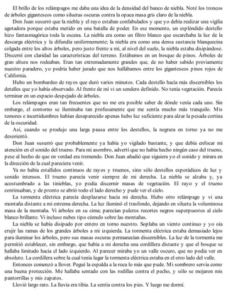 El brillo de los relámpagos me daba una idea de la densidad del banco de niebla. Noté los troncos
de árboles gigantescos como siluetas oscuras contra la opaca masa gris claro de la niebla.
Don Juan susurró que la niebla y el rayo estaban confabulados y que yo debía realizar una vigilia
agotadora porque estaba metido en una batalla de poder. En ese momento, un espléndido destello
hizo fantasmagórica toda la escena. La niebla era como un filtro blanco que escarchaba la luz de la
descarga eléctrica y la difundía uniformemente; la niebla era como una densa sustancia blanquecina
colgada entre los altos árboles, pero justo frente a mí, al nivel del suelo, la niebla estaba disipándose.
Discerní con claridad las características del terreno. Estábamos en un bosque de pinos. Árboles de
gran altura nos rodeaban. Eran tan extremadamente grandes que, de no haber sabido previamente
nuestro paradero, yo podría haber jurado que nos hallábamos entre los gigantescos pinos rojos de
California.
Hubo un bombardeo de rayos que duró varios minutos. Cada destello hacía más discernibles los
detalles que yo había observado. Al frente de mí vi un sendero definido. No tenía vegetación. Parecía
terminar en un espacio despejado de árboles.
Los relámpagos eran tan frecuentes que no me era posible saber de dónde venía cada uno. Sin
embargo, el contorno se iluminaba tan profusamente que me sentía mucho más tranquilo. Mis
temores e incertidumbres habían desaparecido apenas hubo luz suficiente para alzar la pesada cortina
de la oscuridad.
Así, cuando se produjo una larga pausa entre los destellos, la negrura en torno ya no me
desorientó.
Don Juan susurró que probablemente ya había yo vigilado bastante, y que debía enfocar mi
atención en el sonido del trueno. Para mi asombro, advertí que no había hecho ningún caso del trueno,
pese al hecho de que en verdad era tremendo. Don Juan añadió que siguiera yo el sonido y mirara en
la dirección de la cual pareciera venir.
Ya no había estallidos continuos de rayos y truenos, sino sólo destellos esporádicos de luz y
sonido intensos. El trueno parecía venir siempre de mi derecha. La niebla se alzaba y, ya
acostumbrado a las tinieblas, yo podía discernir masas de vegetación. El rayo y el trueno
continuaban, y de pronto se abrió todo el lado derecho y pude ver el cielo.
La tormenta eléctrica parecía desplazarse hacia mi derecha. Hubo otro relámpago y vi una
montaña distante a mi extrema derecha. La luz iluminó el trasfondo, dejando en silueta la voluminosa
masa de la montaña. Vi árboles en su cima; parecían pulcros recortes negros superpuestos al cielo
blanco brillante. Vi incluso nubes tipo cúmulo sobre las montañas.
La niebla se había disipado por entero en torno nuestro. Soplaba un viento continuo y yo oía
crujir las ramas de los grandes árboles a mi izquierda. La tormenta eléctrica estaba demasiado lejos
para iluminar los árboles, pero sus masas oscuras permanecían discernibles. La luz de la tormenta me
permitió establecer, sin embargo, que había a mi derecha una cordillera distante y que el bosque se
hallaba limitado hacia el lado izquierdo. Al parecer miraba yo un valle oscuro, que no podía ver en
absoluto. La cordillera sobre la cual tenía lugar la tormenta eléctrica estaba en el otro lado del valle.
Entonces comenzó a llover. Pegué la espalda a la roca lo más que pude. Mi sombrero servía como
una buena protección. Me hallaba sentado con las rodillas contra el pecho, y sólo se mojaron mis
pantorrillas y mis zapatos.
Llovió largo rato. La lluvia era tibia. La sentía contra los pies. Y luego me dormí.
 