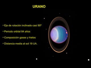 URANO <ul><li>Eje de rotación inclinado casi 90º </li></ul><ul><li>Periodo orbital 84 años </li></ul><ul><li>Composición g...