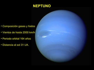 NEPTUNO <ul><li>Composición gases y hielos </li></ul><ul><li>Vientos de hasta 2000 km/h </li></ul><ul><li>Periodo orbital ...
