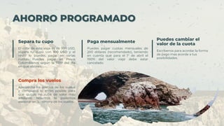 Separa tu cupo Paga mensualmente
Puedes cambiar el
valor de la cuota
Compra los vuelos
Compra los vuelos
El valor de este viaje es de 999 USD,
separa tu cupo con 100 USD y el
resto lo puedes pagar en varias
cuotas. Puedes pagar en Pesos
Colombianos según la TRM del día
en que abones.
Puedes pagar cuotas mensuales de
200 dólares (recomendado), teniendo
en cuenta que para el 1° de abril el
100% del valor viaje debe estar
cancelado.
Escríbenos para acordar la forma
de pago mas acorde a tus
posibilidades.
Aprovecha los precios de los vuelos
y compralos lo antes posible para
que quizás no suba de valor más
adelante. Nosotros te podemos
asesorar en la compra de los vuelos.
AHORRO PROGRAMADO
AHORRO PROGRAMADO
 