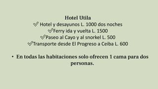Hotel Utila
✅️ Hotel y desayunos L. 1000 dos noches
✅️Ferry ida y vuelta L. 1500
✅️Paseo al Cayo y al snorkel L. 500
✅️Tra...