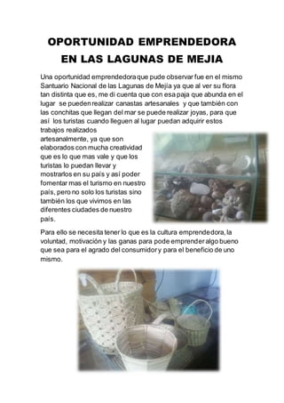 OPORTUNIDAD EMPRENDEDORA
EN LAS LAGUNAS DE MEJIA
Una oportunidad emprendedoraque pude observar fue en el mismo
Santuario Nacional de las Lagunas de Mejía ya que al ver su flora
tan distinta que es, me di cuenta que con esa paja que abunda en el
lugar se puedenrealizar canastas artesanales y que también con
las conchitas que llegan del mar se puede realizar joyas, para que
así los turistas cuando lleguen al lugar puedan adquirir estos
trabajos realizados
artesanalmente, ya que son
elaborados con mucha creatividad
que es lo que mas vale y que los
turistas lo puedan llevar y
mostrarlos en su país y así poder
fomentar mas el turismo en nuestro
país, pero no solo los turistas sino
también los que vivimos en las
diferentes ciudades de nuestro
país.
Para ello se necesita tener lo que es la cultura emprendedora,la
voluntad, motivación y las ganas para pode emprenderalgo bueno
que sea para el agrado del consumidory para el beneficio de uno
mismo.
 