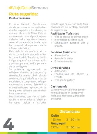 #ViajeDeLaSemana
4
Ruta sugerida:
Pueblo Salasaca
El sitio llamado Quinllihurco,
donde se presume se realizaban
rituales sagrados a los dioses, se
ubica en el cerro de Nitón. Este es
un escenario natural propicio para
disfrutar de los deportes extremos
como el parapente, actividad que
ha convertido al lugar en zona de
influencia turística.
Para disfrutar de la oferta del tu-
rismocomunitario,sepuedevisitar
la comunidad de Patuloma, rincón
indígena que ofrece alimentación
y guianza para recorridos por sen-
deros ecológicos.
Su potencial agropecuario se
refleja en el cultivo de papa, maíz y
cereales, los cuales cubren el auto
consumo; la ganadería es más de
subsistencia, con presencia de ga-
nado vacuno y ovino. Este último
es destinado para la producción de
lana que es utilizada para realizar
finas artesanías.
Los artesanos, con mucha dedi-
cación y conocimiento, elaboran
hermosos tapices y variadas
prendas que se ofertan en la feria
permanente de la plaza principal
de la parroquia.
Facilidades Turísticas
•	 Vías de acceso de primer orden
•	 Información turística (Itur)
•	 Señalización turística vial y
urbana.
Servicios Turísticos
•	 Alimentación
•	 Agencia de viajes
•	 Entretenimiento
Otros servicios
•	 Artesanías
•	 Cooperativas de Ahorro y
Crédito
•	 Transporte público
Gastronomía
Variada y extensa oferta gastro-
nómica basada en la papa y el
maíz, que mantiene la tradición
ancestral.
Distancias:
Quito		
153 Km	 2 h 30 min	
Guayaquil		
277 km 	 5 h 00 min
 