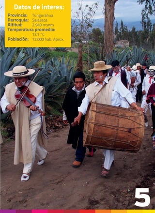 5
Datos de interes:
Provincia:	 Tungurahua
Parroquia:	Salasaca
Altitud:	 2.940 msnm
Temperatura promedio:
		13,1 °C
Población:	 12.000 hab. Aprox.
 
