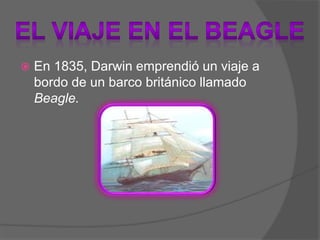  En 1835, Darwin emprendió un viaje a
bordo de un barco británico llamado
Beagle.
 