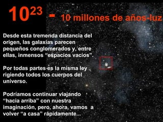 Desde esta tremenda distancia del origen, las galaxias parecen pequeños conglomerados y, entre ellas, inmensos “espacios vacíos”. Por todas partes es la misma ley rigiendo todos los cuerpos del universo.  Podríamos continuar viajando “hacia arriba” con nuestra imaginación, pero, ahora, vamos  a volver “a casa” rápidamente... 10 23  -  10 millones de años-luz 