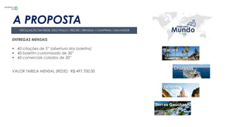 A PROPOSTA
ENTREGAS MENSAIS
 40 citações de 5” (abertura dos boletins)
 40 boletim customizado de 30”
 40 comerciais colados de 30”
VALOR TABELA MENSAL (REDE): R$ 497.700,00
VEICULAÇÃO EM REDE: SÃO PAULO / RECIFE / BRASILIA / CAMPINAS / SALVADOR
 