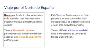 Viaje por el Norte de España
Navarra→ Productos hortofrutícolas
es la actividad más importante del
sector primario, su industria es muy
variada.
Tiene el Monasterio de Leire
perteneciente al primitivo románico
español, las Fiestas de San Fermín
en Pamplona.
País Vasco→ Destacan por su flota
pesquera, es una comunidad más
industrializada, es siderometalúrgica
y tiene gran actividad portuaria.
Tienen el Festival Internacional del
cine, el Monasterio de Loyola y el
Museo Guggenheim.
 