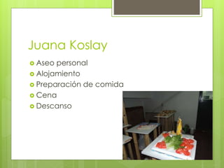 Juana Koslay
 Aseo personal
 Alojamiento
 Preparación de comida
 Cena
 Descanso
 