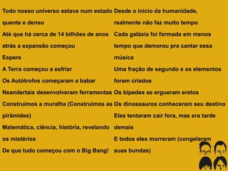 Todo nosso universo estava num estado
quente e denso
Até que há cerca de 14 bilhões de anos
atrás a expansão começou
Espere
A Terra começou a esfriar
Os Autótrofos começaram a babar
Neandertais desenvolveram ferramentas
Construímos a muralha (Construímos as
pirâmides)
Matemática, ciência, história, revelando
os mistérios
De que tudo começou com o Big Bang!
Desde o inicio da humanidade,
realmente não faz muito tempo
Cada galáxia foi formada em menos
tempo que demorou pra cantar essa
música
Uma fração de segundo e os elementos
foram criados
Os bípedes se ergueram eretos
Os dinossauros conheceram seu destino
Eles tentaram cair fora, mas era tarde
demais
E todos eles morreram (congelaram
suas bundas)
 