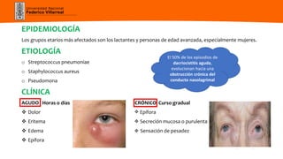Universidad Nacional
Federico Villarreal
EPIDEMIOLOGÍA
Los grupos etarios más afectados son los lactantes y personas de edad avanzada, especialmente mujeres.
ETIOLOGÍA
o Streptococcus pneumoniae
o Staphylococcus aureus
o Pseudomona
CLÍNICA
AGUDO Horas o días CRÓNICO Curso gradual
 Dolor Epífora
 Eritema Secreción mucosa o purulenta
 Edema Sensación de pesadez
 Epífora
El 50% de los episodios de
dacriocistitis aguda,
evolucionan hacia una
obstrucción crónica del
conducto nasolagrimal
 