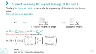 A kernel preserving the original topology of the data I
Similarly to [Lin et al., 2010], preserve the local geometry of the data in the feature
space.
Proxy of the local geometry
Km
−→ Gm
k
| {z }
k−nearest neighbors graph
−→ Am
k
| {z }
adjacency matrix
⇒ W =
P
m I{Am
k 0} or W =
P
m Am
k
Feature space geometry measured by
∆i (β) =
*
φ∗
β(xi ),



φ∗
β(x1)
.
.
.
φ∗
β(xn)



+
=



K∗
β(xi , x1)
.
.
.
K∗
β(xi , xn)



Statistics  ML for high throughput data integration
Sept. 29th 2021 / Curie training / Nathalie Vialaneix
p. 18
 