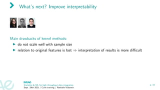 What’s next? Improve interpretability
Main drawbacks of kernel methods:
I do not scale well with sample size
I relation to original features is lost ⇒ interpretation of results is more difficult
Statistics  ML for high throughput data integration
Sept. 29th 2021 / Curie training / Nathalie Vialaneix
p. 22
 