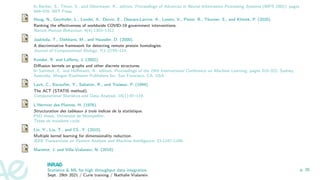 In Becker, S., Thrun, S., and Obermayer, K., editors, Proceedings of Advances in Neural Information Processing Systems (NIPS 2002), pages
569–576. MIT Press.
Haug, N., Geyrhofer, L., Londei, A., Dervic, E., Desvars-Larrive, A., Loreto, V., Pinior, B., Thurner, S., and Klimek, P. (2020).
Ranking the effectiveness of worldwide COVID-19 government interventions.
Nature Human Behaviour, 4(4):1303–1312.
Jaakkola, T., Diekhans, M., and Haussler, D. (2000).
A discriminative framework for detecting remote protein homologies.
Journal of Computational Biology, 7(1-2):95–114.
Kondor, R. and Lafferty, J. (2002).
Diffusion kernels on graphs and other discrete structures.
In Sammut, C. and Hoffmann, A., editors, Proceedings of the 19th International Conference on Machine Learning, pages 315–322, Sydney,
Australia. Morgan Kaufmann Publishers Inc. San Francisco, CA, USA.
Lavit, C., Escoufier, Y., Sabatier, R., and Traissac, P. (1994).
The ACT (STATIS method).
Computational Statistics and Data Analysis, 18(1):97–119.
L’Hermier des Plantes, H. (1976).
Structuration des tableaux à trois indices de la statistique.
PhD thesis, Université de Montpellier.
Thèse de troisième cycle.
Lin, Y., Liu, T., and CS., F. (2010).
Multiple kernel learning for dimensionality reduction.
IEEE Transactions on Pattern Analysis and Machine Intelligence, 33:1147–1160.
Mariette, J. and Villa-Vialaneix, N. (2018).
Statistics  ML for high throughput data integration
Sept. 29th 2021 / Curie training / Nathalie Vialaneix
p. 26
 
