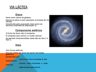 VIA LÁCTEA
           Disco
Parte mais visível da galáxia;
Estrutura sobre a qual repousam os braços da Via
Láctea;
Constituído pela população mais jovem de
estrelas (chamada de população 1).

           Componente esférico
A forma de disco não é compacta,
É composto pelo centro e o bulbo central;
As estrelas compreendidas nesta são do tipo 1 e
tipo 2.


           Halo
Tem forma esférica;
Fica em órbita em torno do centro de massa
galáctica.
Constituída por:
              - partículas ultra excitadas à alta
temperatura;
              - estrela anãs vermelhas e  anãs
brancas;
              - aglomerados globulares.
 