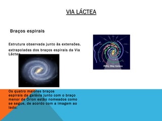 VIA LÁCTEA

Braços espirais

Estrutura observada junto às extensões.
extrapoladas dos braços espirais da Via
Láctea




Os quatro maiores braços
espirais da galáxia junto com o braço
menor de Órion estão nomeados como
se segue, de acordo com a imagem ao
lado:
 
