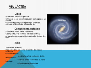 VIA LÁCTEA
           Disco
Parte mais visível da galáxia;
Estrutura sobre a qual repousam os braços da Via
Láctea;
Constituído pela população mais jovem de
estrelas (chamada de população 1).

           Componente esférico
A forma de disco não é compacta,
É composto pelo centro e o bulbo central;
As estrelas compreendidas nesta são do tipo 1 e
tipo 2.


           Halo
Tem forma esférica;
Fica em órbita em torno do centro de massa
galáctica.
Constituída por:
              - partículas ultra excitadas à alta
temperatura;
              - estrela anãs vermelhas e  anãs
brancas;
              - aglomerados globulares.
 