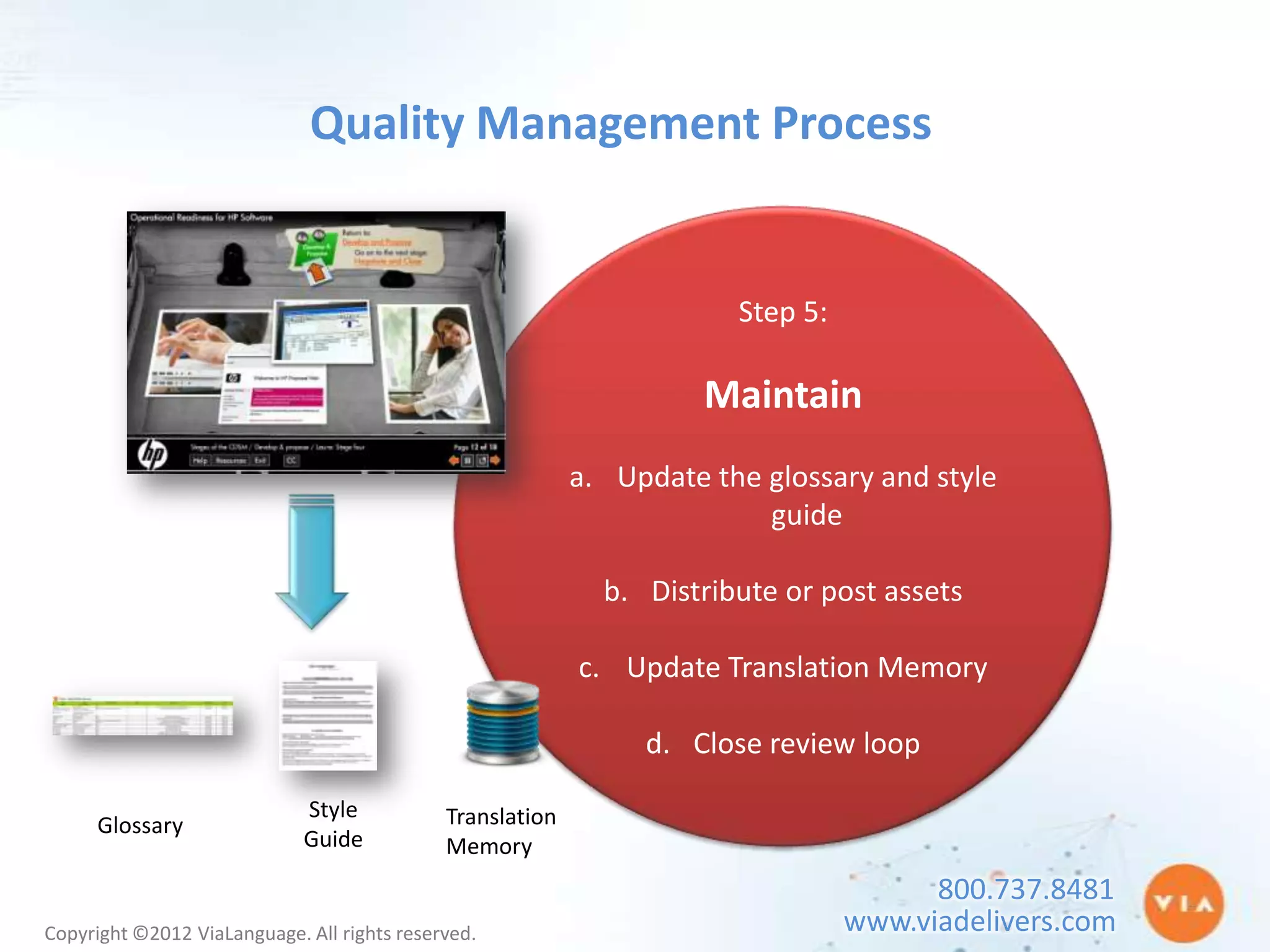 Quality Management Process


                                                                       Step 5:

                                                                     Maintain
                                                           a. Update the glossary and style
                                                                         guide

                                                             b. Distribute or post assets

                                                           c. Update Translation Memory

                                                                d. Close review loop

                             Style           Translation
      Glossary
                             Guide           Memory
                                                                                       800.737.8481
Copyright ©2012 ViaLanguage. All rights reserved.                                www.viadelivers.com
 
