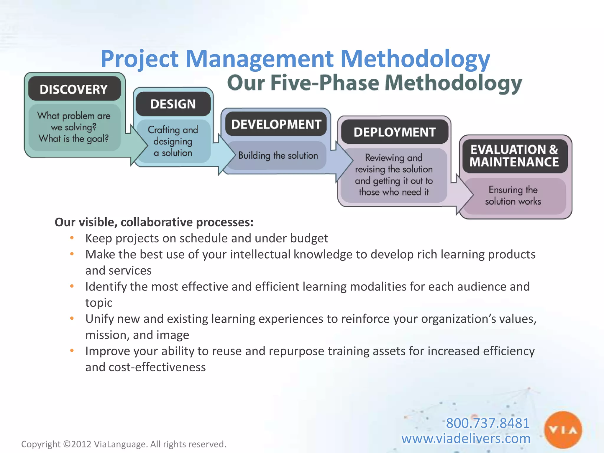 Project Management Methodology




       Our visible, collaborative processes:
         • Keep projects on schedule and under budget
         • Make the best use of your intellectual knowledge to develop rich learning products
            and services
         • Identify the most effective and efficient learning modalities for each audience and
            topic
         • Unify new and existing learning experiences to reinforce your organization’s values,
            mission, and image
         • Improve your ability to reuse and repurpose training assets for increased efficiency
            and cost-effectiveness



                                                                            800.737.8481
Copyright ©2012 ViaLanguage. All rights reserved.                     www.viadelivers.com
 