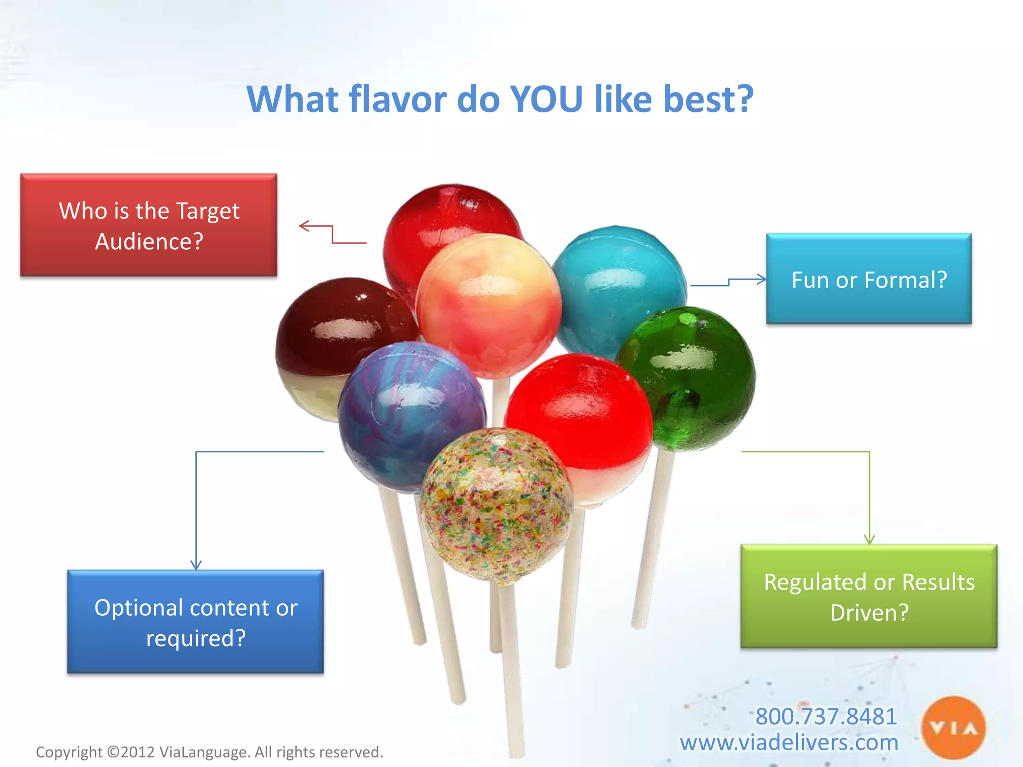What flavor do YOU like best?

   Who is the Target
     Audience?
                                                               Fun or Formal?




                                                             Regulated or Results
        Optional content or                                        Driven?
             required?


                                                           800.737.8481
Copyright ©2012 ViaLanguage. All rights reserved.    www.viadelivers.com
 