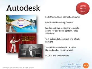 Demo:
                                                                                            PRESS
                                                                                             Here

                                                    Fully themed Anti-Corruption Course

                                                    Role Based Branching Content

                                                    Master and Sub sectioning template
                                                    allows for additional content / area
                                                    additions

                                                    Test outs and check ins at end of sub
                                                    sections

                                                    Sub sections combine to achieve
                                                    themed end of course reward

                                                    SCORM and LMS support


                                                                           800.737.8481
Copyright ©2012 ViaLanguage. All rights reserved.                    www.viadelivers.com
 