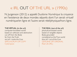« IRL OUT OFTHE URL » (1990s)	

N. Jurgenson (2012) a appelé Dualisme Numérique la croyance
en l’existence de deux mondes séparés dont l'un serait virtuel/
numérique/en ligne et l'autre serait réel/physique/hors ligne.
THEVIRTUAL (in the url) 
computer-simulated world 
based on software and abstraction 
cut off from the Body  
far from theTruth 
red pill / inside-the-Cave 
SIMULACRUM OR COPY 
Cyberspace 
THE REAL (out of the url) 
physical-processed world 
based on tangible objects 
Body-grounded 
considered as theTrue world 
blue pill / out-of-the-Cave 
GENUINE OR ORIGINAL 
Real Life (IRL) 
 