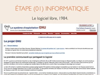 ÉTAPE (01) INFORMATIQUE	

Le logiciel libre, 1984.
 
