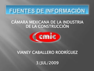 FUENTES DE INFORMACIÓN CÁMARA MEXICANA DE LA INDUSTRIA DE LA CONSTRUCCIÓN VIANEY CABALLERO RODRÍGUEZ 3/JUL/2009 