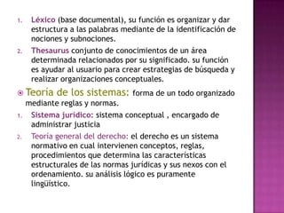 Léxico(base documental), su función es organizar y dar estructura a las palabras mediante de la identificación de nociones y subnociones.Thesaurus conjunto de conocimientos de un área determinada relacionados por su significado. su función es ayudar al usuario para crear estrategias de búsqueda y realizar organizaciones conceptuales.Teoría de los sistemas: forma de un todo organizado mediante reglas y normas. Sistema jurídico: sistema conceptual , encargado de administrar justicia Teoría general del derecho: el derecho es un sistema normativo en cual intervienen conceptos, reglas, procedimientos que determina las características estructurales de las normas jurídicas y sus nexos con el ordenamiento. su análisis lógico es puramente lingüístico.
