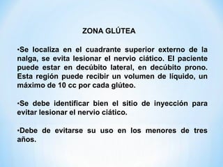 ZONA GLÚTEA
•Se localiza en el cuadrante superior externo de la
nalga, se evita lesionar el nervio ciático. El paciente
puede estar en decúbito lateral, en decúbito prono.
Esta región puede recibir un volumen de líquido, un
máximo de 10 cc por cada glúteo.
•Se debe identificar bien el sitio de inyección para
evitar lesionar el nervio ciático.
•Debe de evitarse su uso en los menores de tres
años.
 