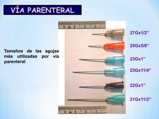 VÍA PARENTERAL
27Gx1/2’’
25Gx5/8’’
23Gx1’’
23Gx11/4’’
22Gx1’’
21Gx11/2’’
Tamaños de las agujas
más utilizadas por vía
parenteral
 