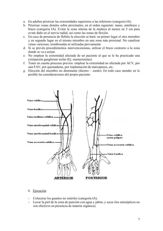 a. En adultos priorizar las extremidades superiores a las inferiores (categoría IA).
b. Priorizar venas distales sobre proximales, en el orden siguiente: mano, antebrazo y
   brazo (categoría IA). Evitar la zona interna de la muñeca al menos en 5 cm para
   evitar daño en el nervio radial, así como las zonas de flexión.
c. En caso de presencia de flebitis la elección se hará: en primer lugar el otro miembro
   y en segundo lugar en el mismo miembro en una zona más proximal. No canalizar
   venas varicosas, trombosadas ni utilizadas previamente
d. Si se prevén procedimientos intervencionistas, utilizar el brazo contrario a la zona
   donde se va a actuar.
e. No emplear la extremidad afectada de un paciente al que se le ha practicado una
   extirpación ganglionar axilar (Ej: mastectomías).
f. Tener en cuenta procesos previos: emplear la extremidad no afectada por ACV, por
   una FAV, por quemaduras, por implantación de marcapasos, etc..
g. Elección del miembro no dominante (diestro – zurdo). En todo caso atender en lo
   posible las consideraciones del propio paciente.




   4. Ejecución:

   -   Colocarse los guantes no estériles (categoría IA).
   -   Lavar la piel de la zona de punción con agua y jabón, y secar (los antisépticos no
       son efectivos en presencia de materia orgánica).



                                                                                       7
 