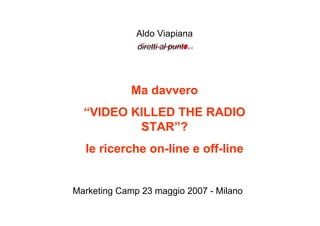 Aldo Viapiana




             Ma davvero
  “VIDEO KILLED THE RADIO
          STAR”?
  le ricerche on-line e off-line


Marketing Camp 23 maggio 2007 - Milano