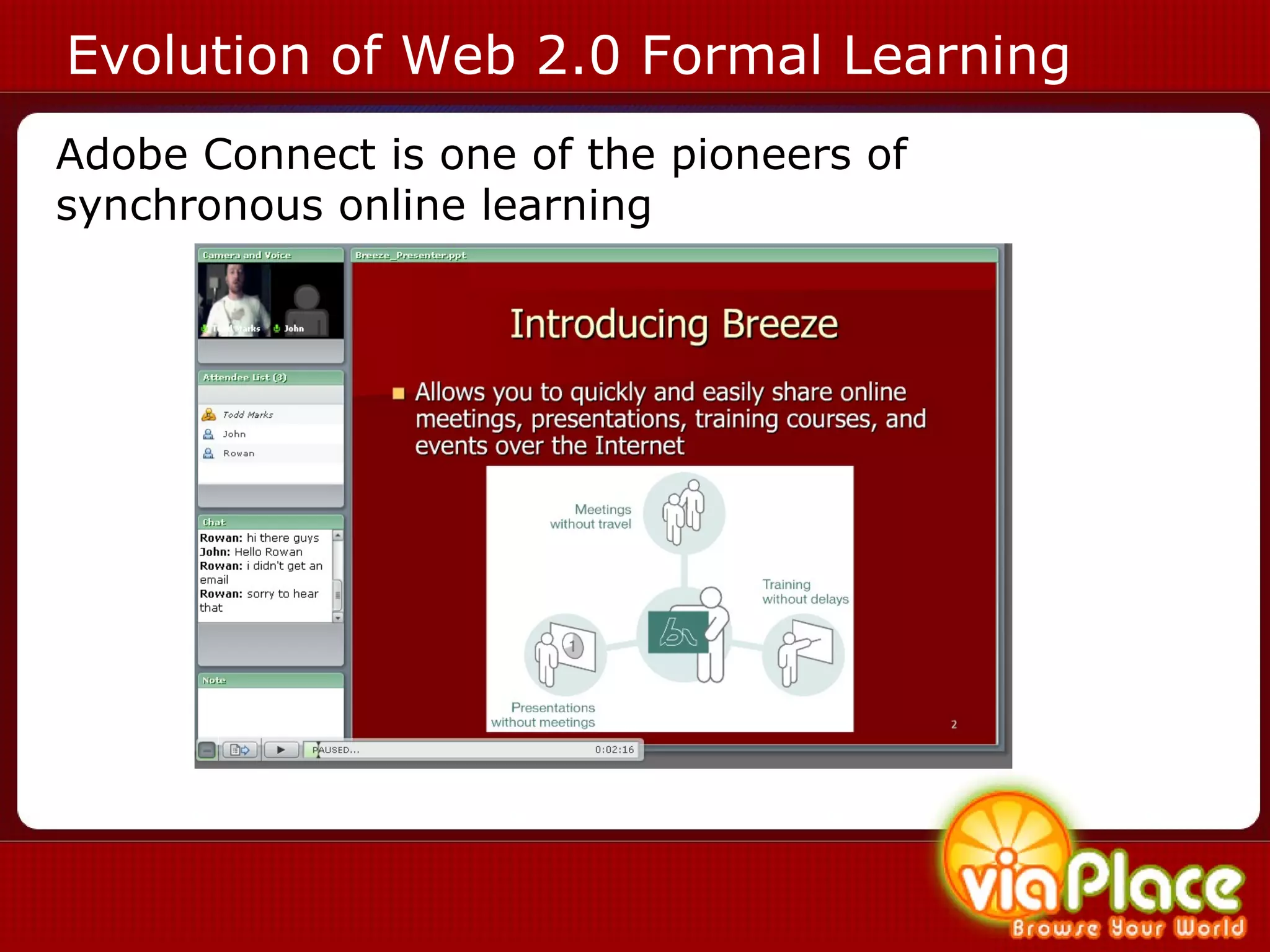 Evolution of Web 2.0 Formal Learning Adobe Connect is one of the pioneers of synchronous online learning 