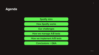 Section name
Source:
Agenda
3
Spotify intro
How Spotify works
Our challenges
How we manage A/B tests
How we implement A/B tests
Conclusions + Q&A
 