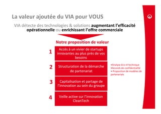 La valeur ajoutée du VIA pour VOUS
VIA détecte des technologies & solutions augmentant l’efficacité
      opérationnelle ou enrichissant l’offre commerciale

                      Notre proposition de valeur
                       Accès à un vivier de startups
                  1   innovantes au plus près de vos
                                 besoins
                                                        •Analyse éco et technique
                  2    Structuration de la démarche     •Accords de confidentialité
                              de partenariat            • Proposition de modèles de
                                                        partenariats


                  3     Capitalisation et partage de
                      l’innovation au sein du groupe


                  4    Veille active sur l’innovation
                                 CleanTech
 