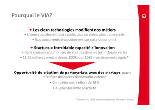 Pourquoi le VIA?

           Les clean technologies modifient nos métiers
     • L’innovation devient plus rapide, plus agressive, plus transversale
           • Nos concurrents se positionnent sur cette opportunité

            Startups = formidable capacité d’innovation
    • Forte croissance du nombre de startups dans les technologies vertes
   • 11.43 milliards investis depuis 2009 pour 1089 investissements signés*



Opportunité de création de partenariats avec des startups pour:
                  • Profiter de sources d’innovation externe
                       • Compléter notre effort de R&D
                         • Augmenter notre réactivité


                                        * Source: 3Q i2010 investment trends Cleantech Group
 