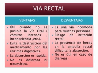 VENTAJAS DESVENTAJAS
 Útil cuando no es
posible la Vía Oral (
vómitos intensos ,
inconsciencia ,etc.).
 Evita la destrucción del
medicamento por las
enzimas digestivas.
 La absorción es rápida.
 No es dolorosa ni
traumática.
 Es una vía incomoda
para muchas personas.
 Riesgo de irritación
rectal.
 La presencia de heces
en la ampolla rectal
dificulta la absorción.
 No es útil en caso de
diarreas.
 