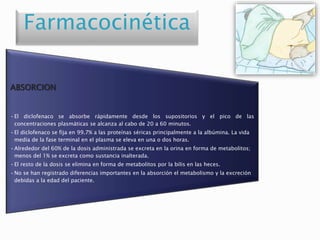 Farmacocinética
ABSORCION
•El diclofenaco se absorbe rápidamente desde los supositorios y el pico de las
concentraciones plasmáticas se alcanza al cabo de 20 a 60 minutos.
•El diclofenaco se fija en 99.7% a las proteínas séricas principalmente a la albúmina. La vida
media de la fase terminal en el plasma se eleva en una o dos horas.
•Alrededor del 60% de la dosis administrada se excreta en la orina en forma de metabolitos;
menos del 1% se excreta como sustancia inalterada.
•El resto de la dosis se elimina en forma de metabolitos por la bilis en las heces.
•No se han registrado diferencias importantes en la absorción el metabolismo y la excreción
debidas a la edad del paciente.
 