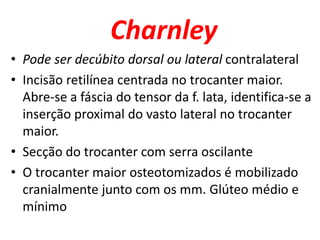 Charnley
• Pode ser decúbito dorsal ou lateral contralateral
• Incisão retilínea centrada no trocanter maior.
Abre-se a fáscia do tensor da f. lata, identifica-se a
inserção proximal do vasto lateral no trocanter
maior.
• Secção do trocanter com serra oscilante
• O trocanter maior osteotomizados é mobilizado
cranialmente junto com os mm. Glúteo médio e
mínimo
 